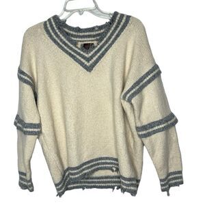 POL Varsity Stripe Ivory Off White Angora Blend Destroyed Hem V-Neck Sweater. SM